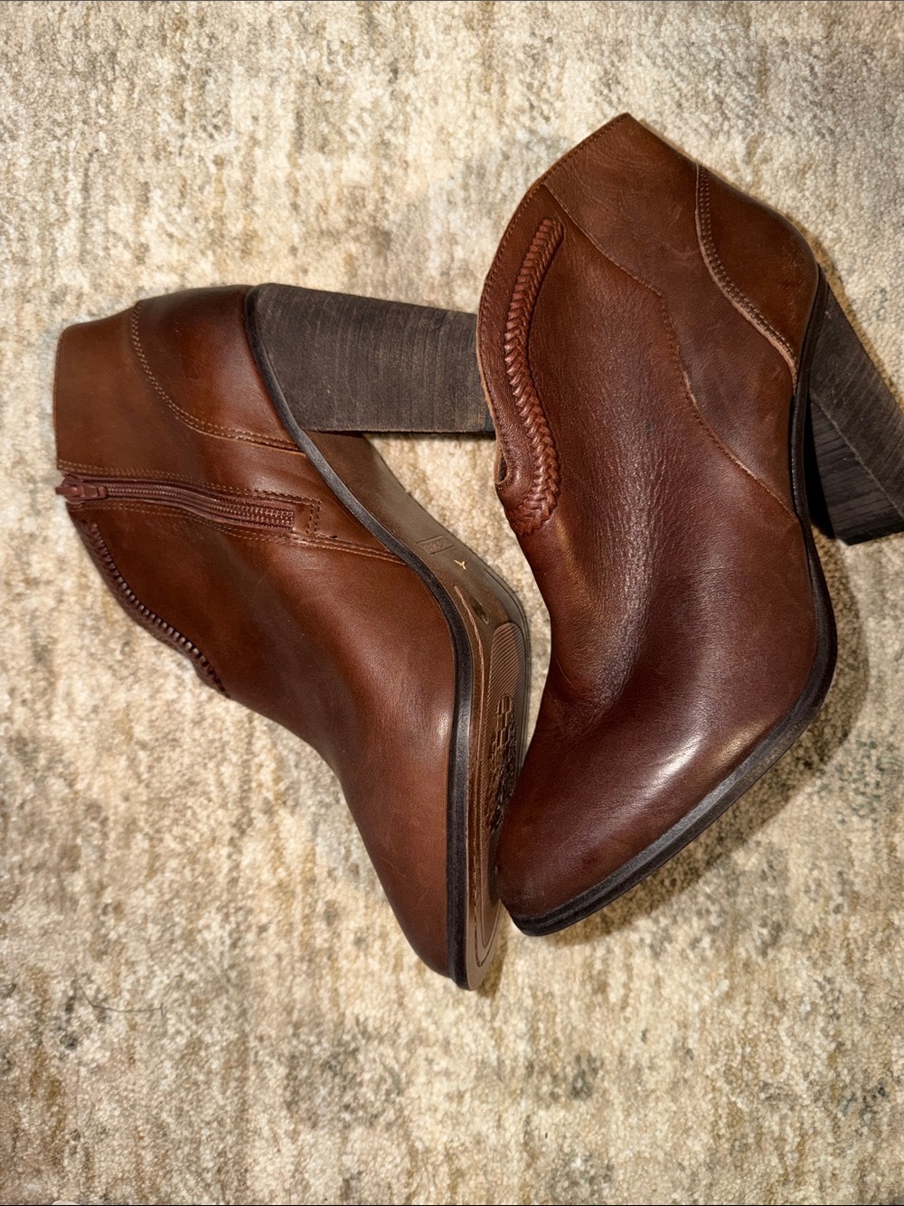 Vince Camuto Cognac Brown Leather Ankle Booties with Stacked Heel